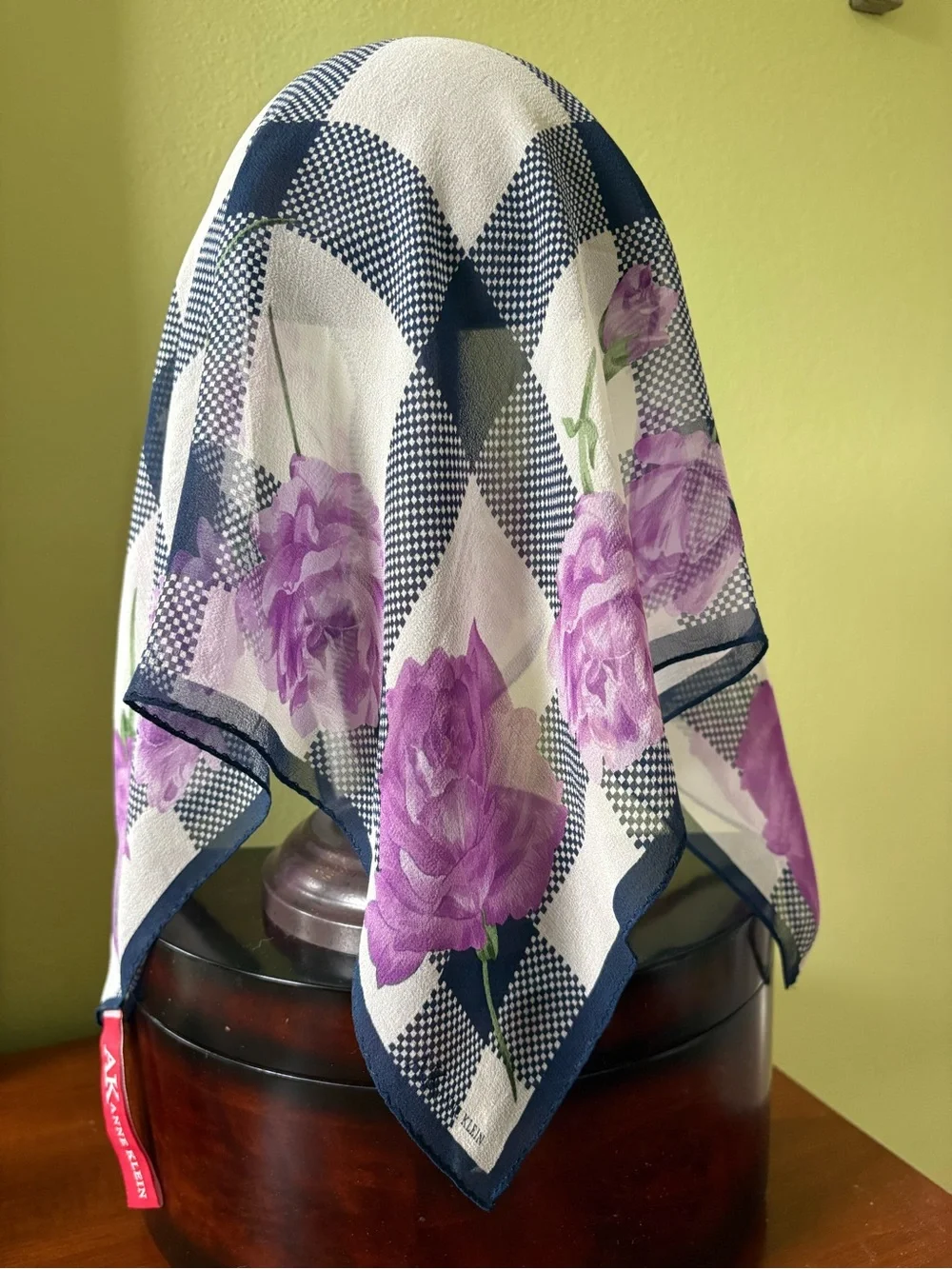 Anne Klein Navy, White & Purple Floral Check Scarf